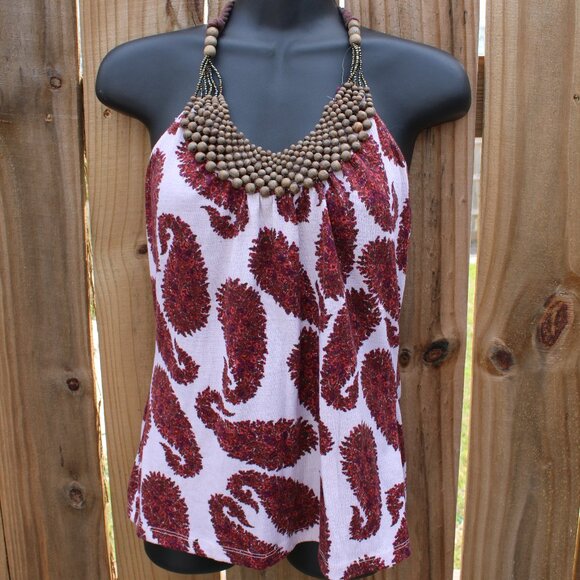 Sky Tops - Sky Halter Paisley Tank Top Boho Beaded Neckline Size M